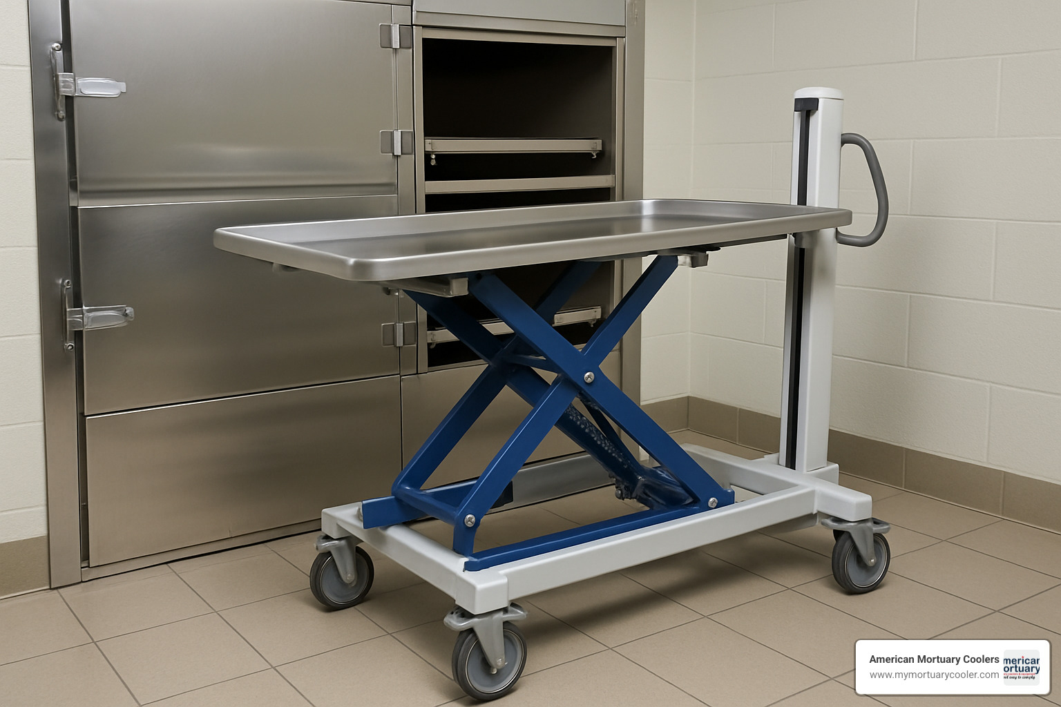 mortuary lift aligning with cooler door - Mobi Mortuary Lift 