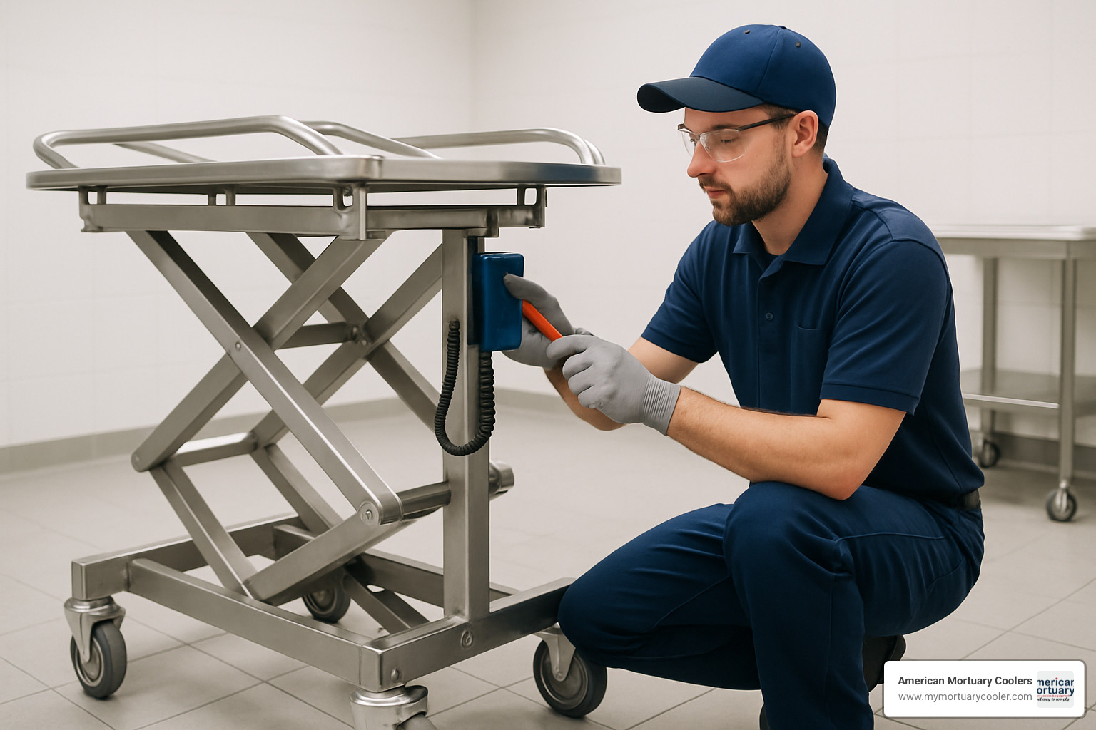 technician performing service on mortuary lift - Mobi Mortuary Lift 