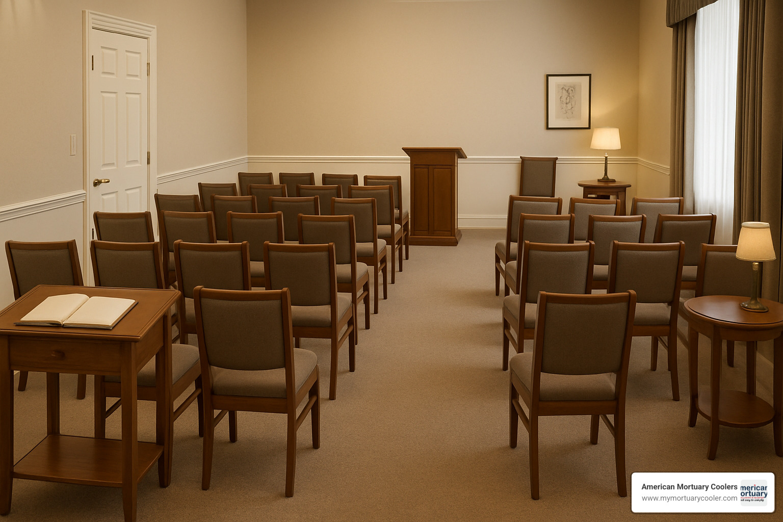 Curated furniture collection showing coordinated chapel chairs, register stand, and accent tables - funeral home furnishings