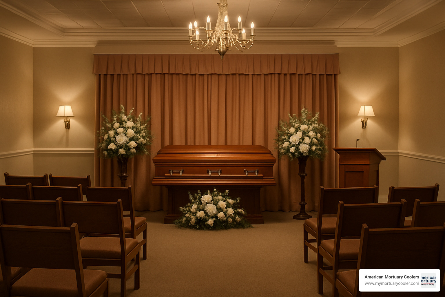 Ceremonial furniture arrangement with casket bier, lectern, and flower displays - funeral home furnishings