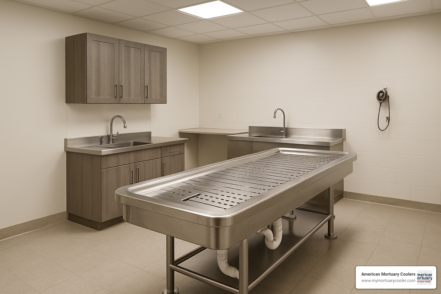 Stainless steel preparation table with integrated sink and drainage system - funeral home furnishings