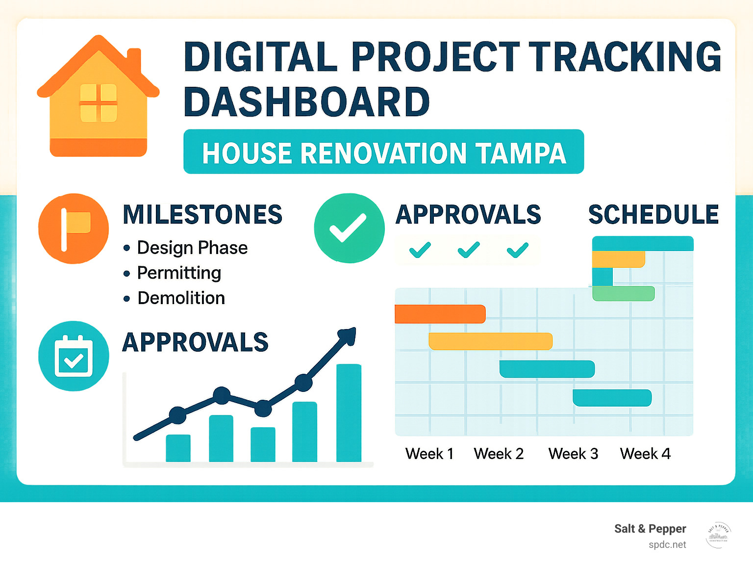 Digital project tracking dashboard showing renovation milestones, approvals, and schedules - house renovation tampa infographic