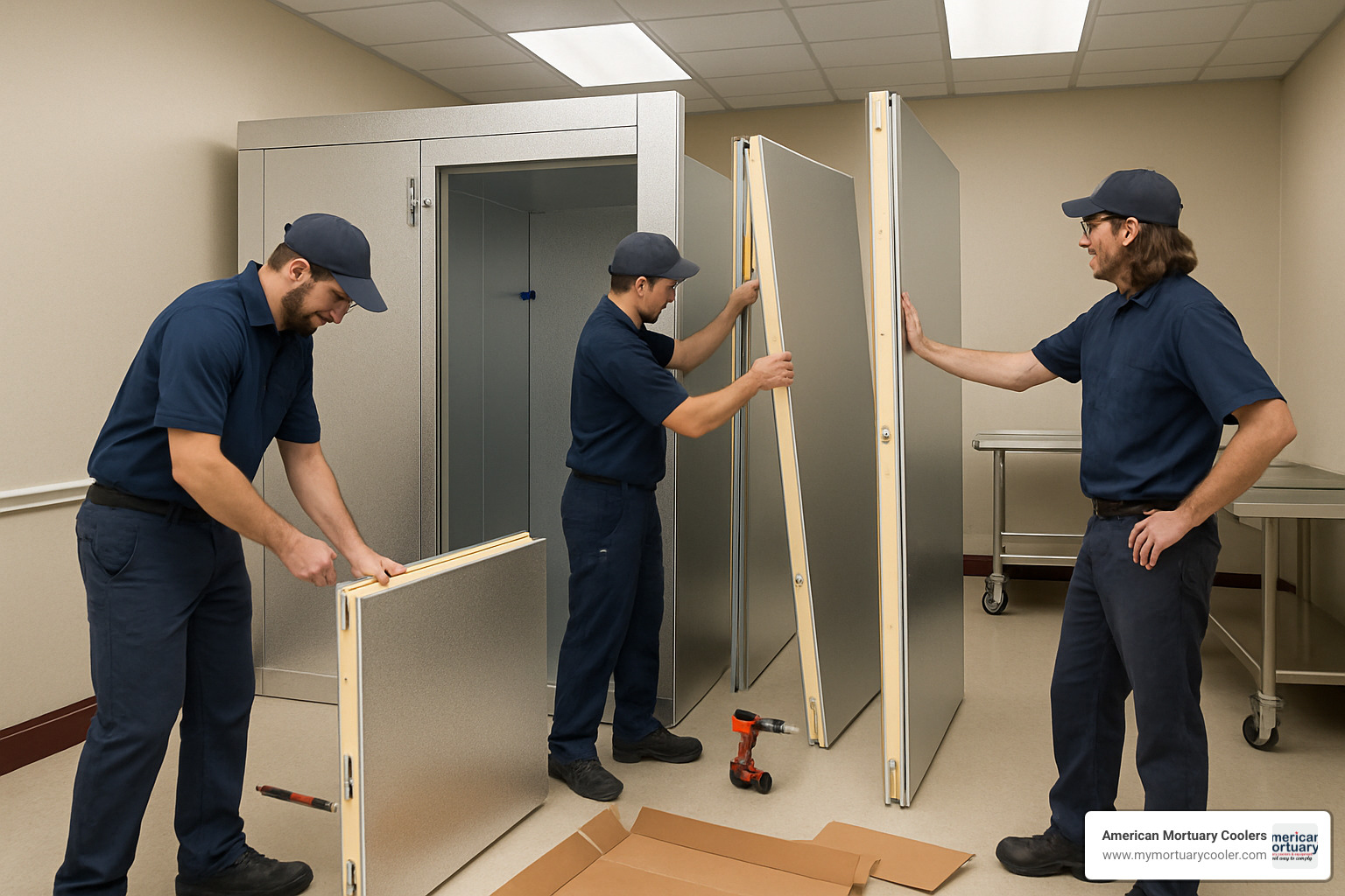 Technicians assembling a walk-in mortuary cooler with cam-lock panels - funeral home cooler