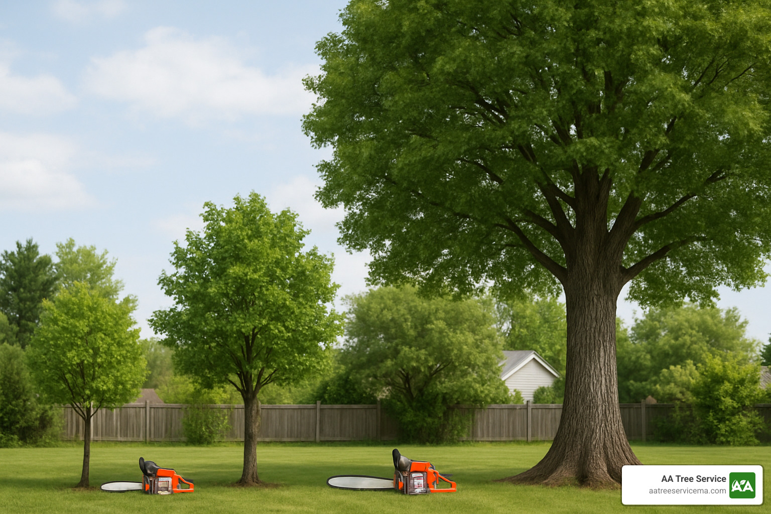 Different sized trees with chainsaw for scale comparison - Tree removal cost estimate