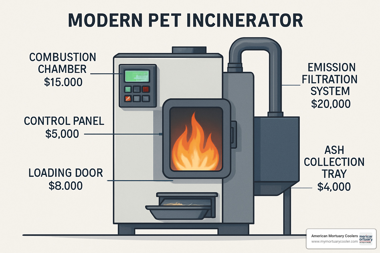 detailed pet incinerator with cost labels pointing to different components - pet incinerator cost