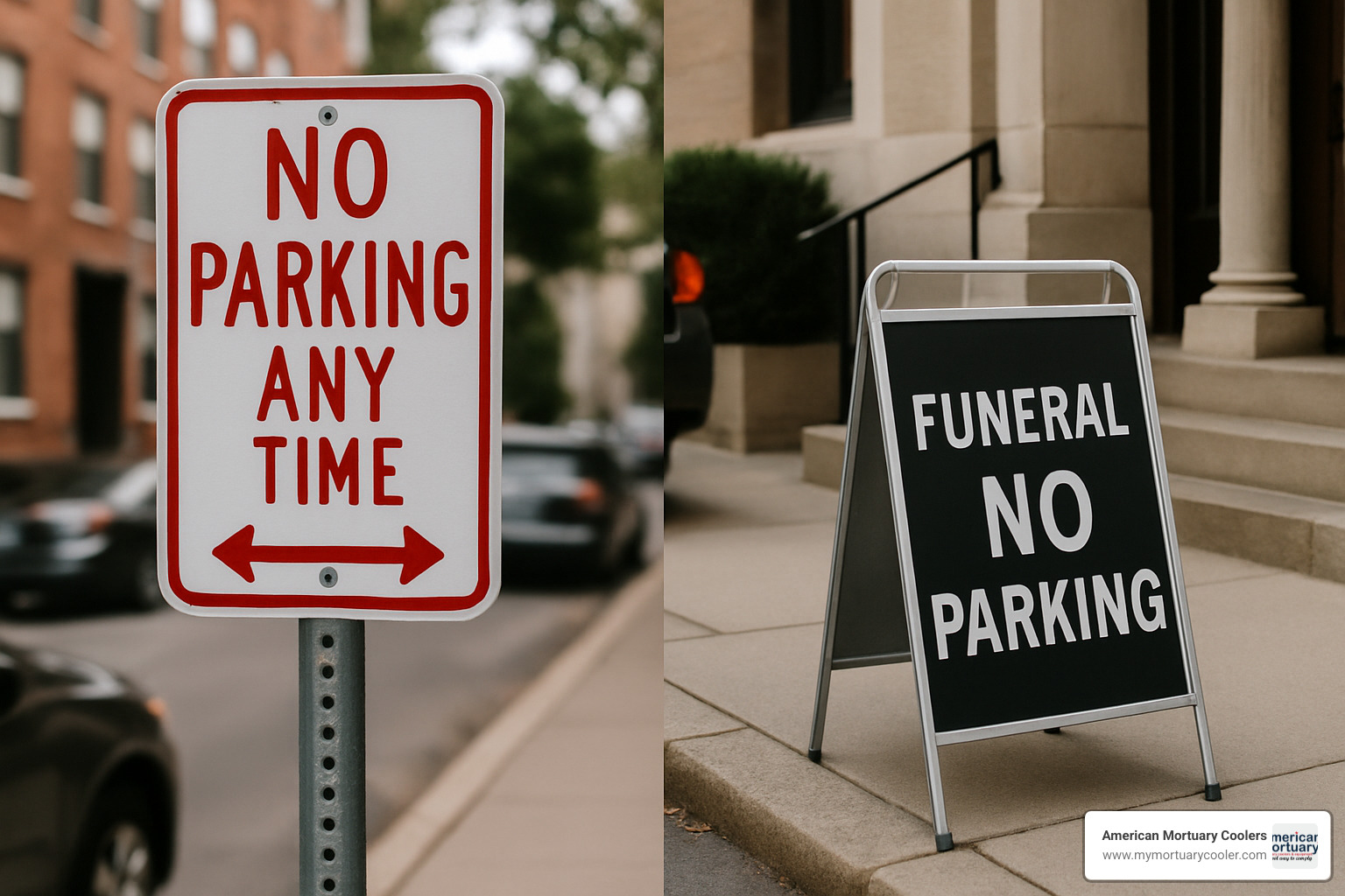 comparison of standard and funeral no parking signs - funera no parking sign
