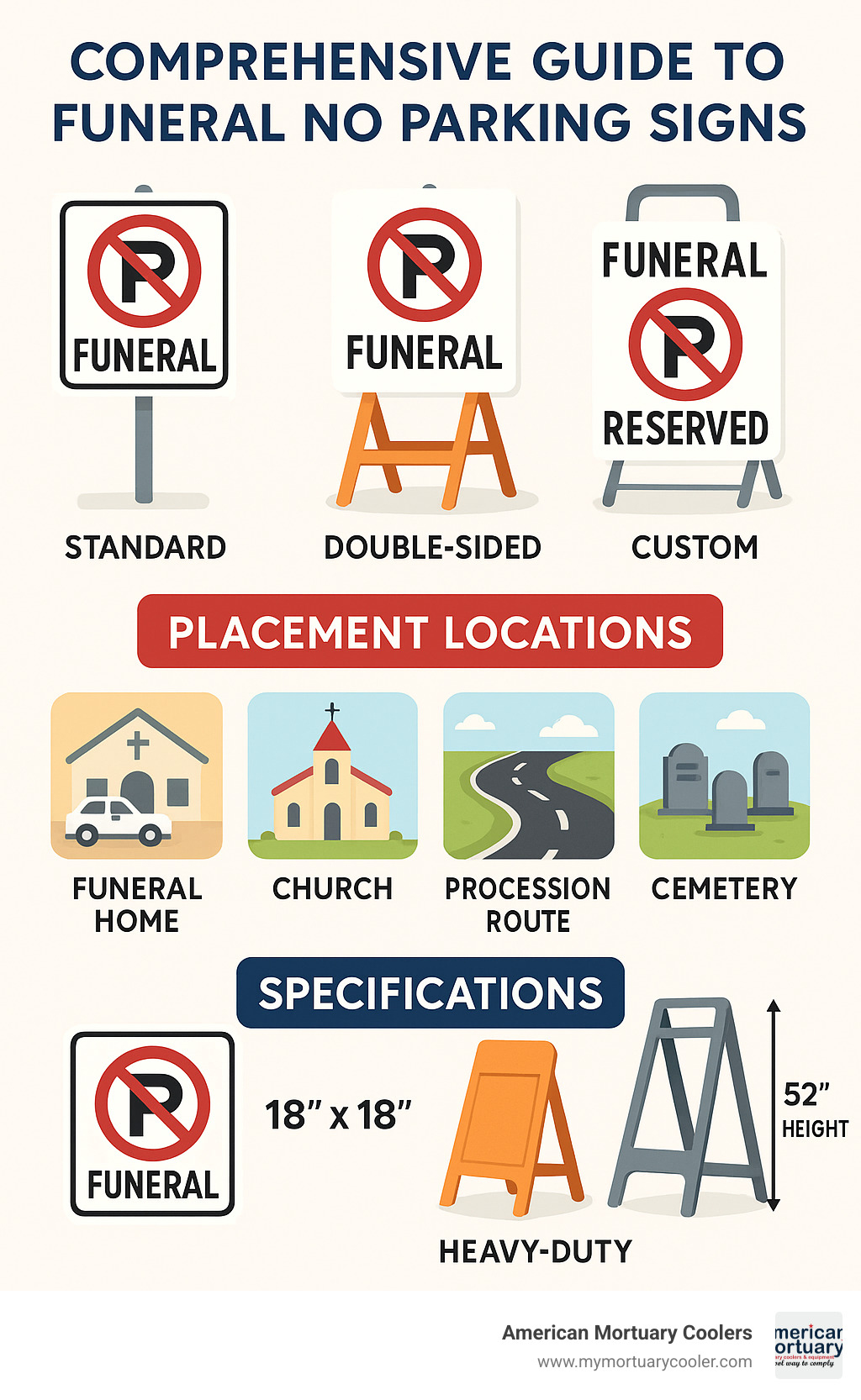 Comprehensive guide to funeral no parking signs showing different types, placement locations, and specifications - funera no parking sign infographic 