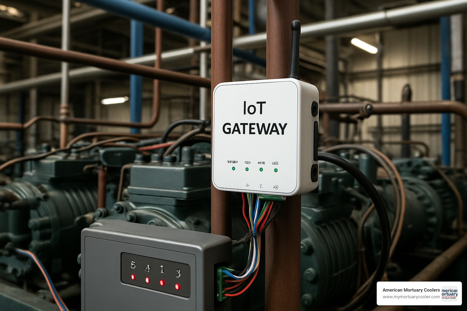 IoT gateway installed on commercial refrigeration compressor rack - commercial cooling