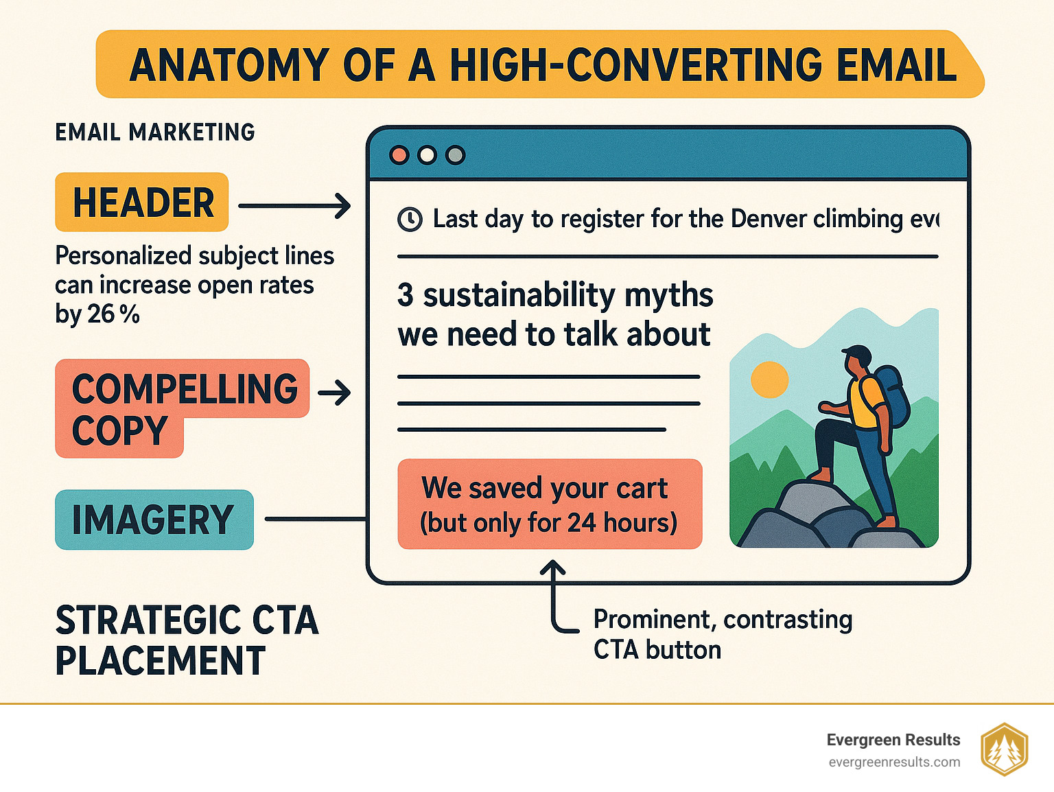 anatomy of a high-converting email showing header, compelling copy, imagery, and strategic CTA placement - email marketing infographic 