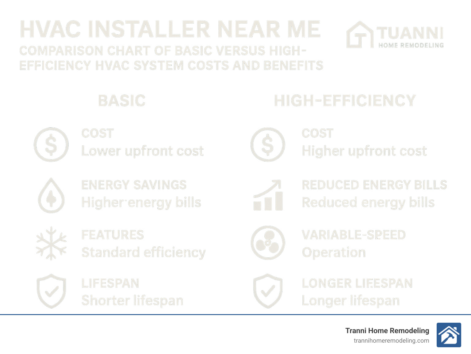 Comparison chart of basic versus high-efficiency HVAC system costs and benefits - HVAC Installer Near Me infographic 