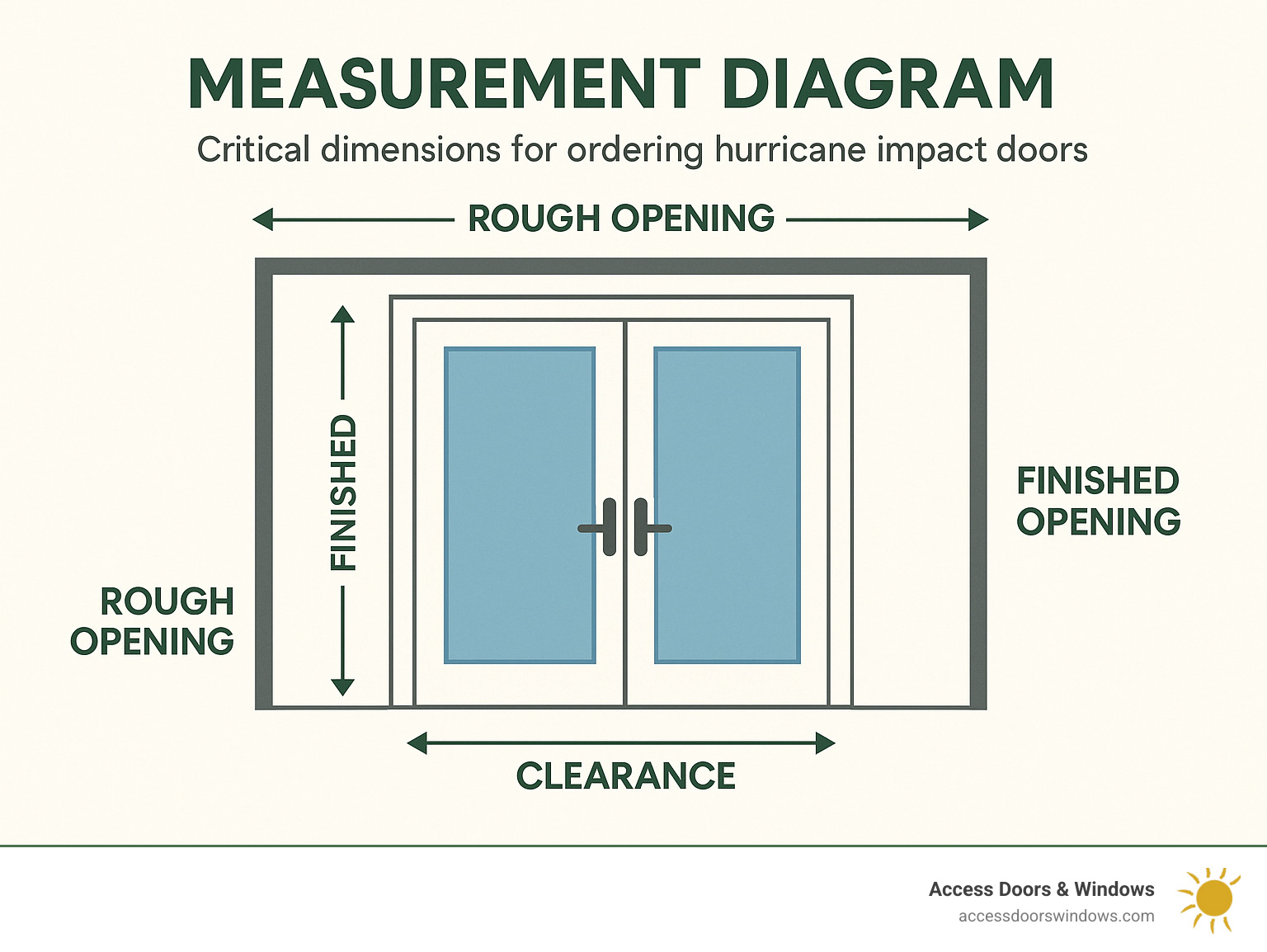 Measurement diagram showing critical dimensions for ordering hurricane impact doors, including rough opening, finished opening, and clearance requirements - hurricane impact doors near me infographic 