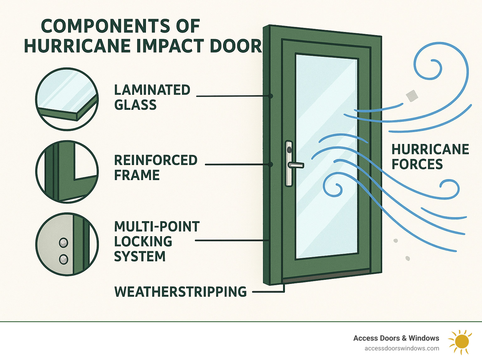 Diagram showing components of hurricane impact door with labels for laminated glass, reinforced frame, multi-point locking system, and weatherstripping, alongside illustration of how these components resist hurricane forces - hurricane impact doors near me infographic 