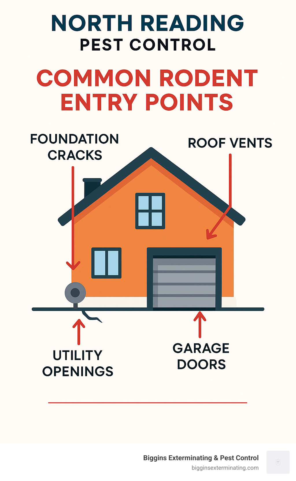 Diagram showing common rodent entry points in homes including foundation cracks, utility openings, roof vents, and garage doors - North Reading Pest Control infographic 
