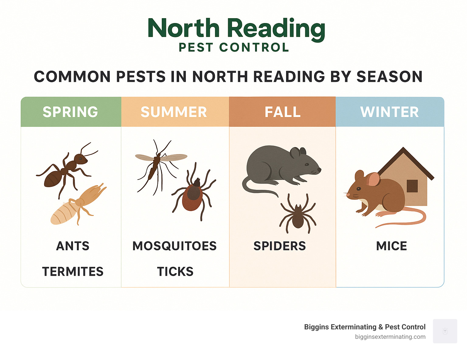 Common pests in North Reading by season showing ants and termites in spring, mosquitoes and ticks in summer, rodents and spiders in fall, and mice seeking shelter in winter - North Reading Pest Control infographic 