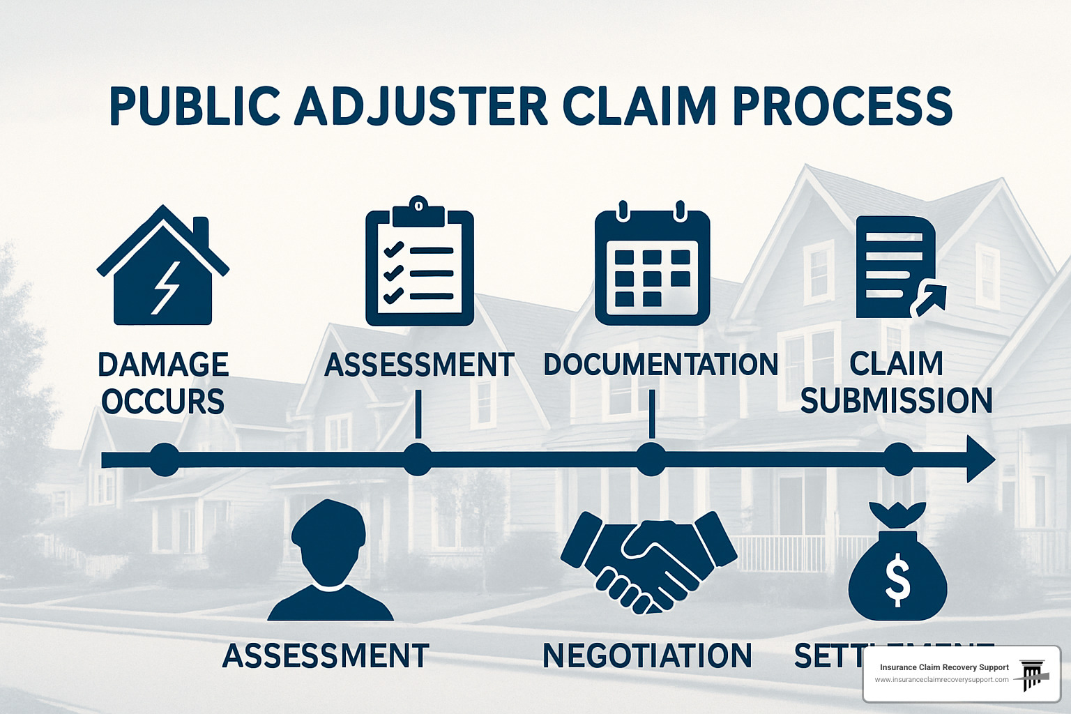 Claiming Clarity: How Public Adjusters Simplify the Claim Process 5 Timeline of public adjuster claim process showing phases from damage to settlement - Public adjuster claim process