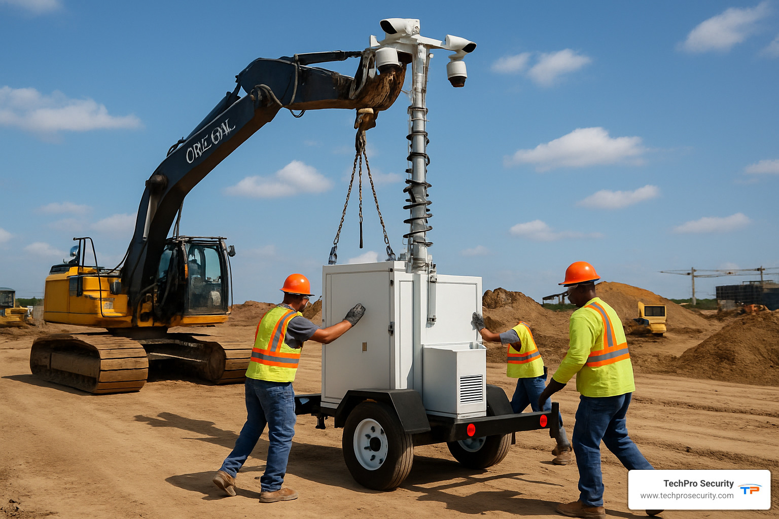 mobile surveillance tower being relocated on construction site - construction site remote video surveillance