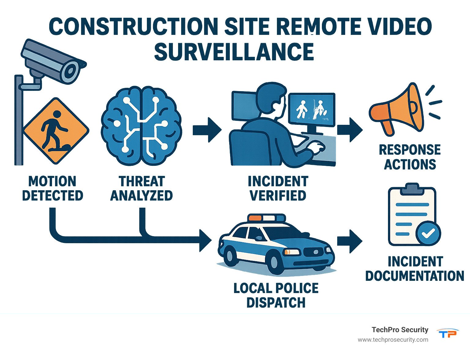 Construction site remote video surveillance workflow showing cameras detecting motion, AI analyzing threats, operators verifying incidents, and response actions including audio warnings, local police dispatch, and incident documentation - construction site remote video surveillance infographic 