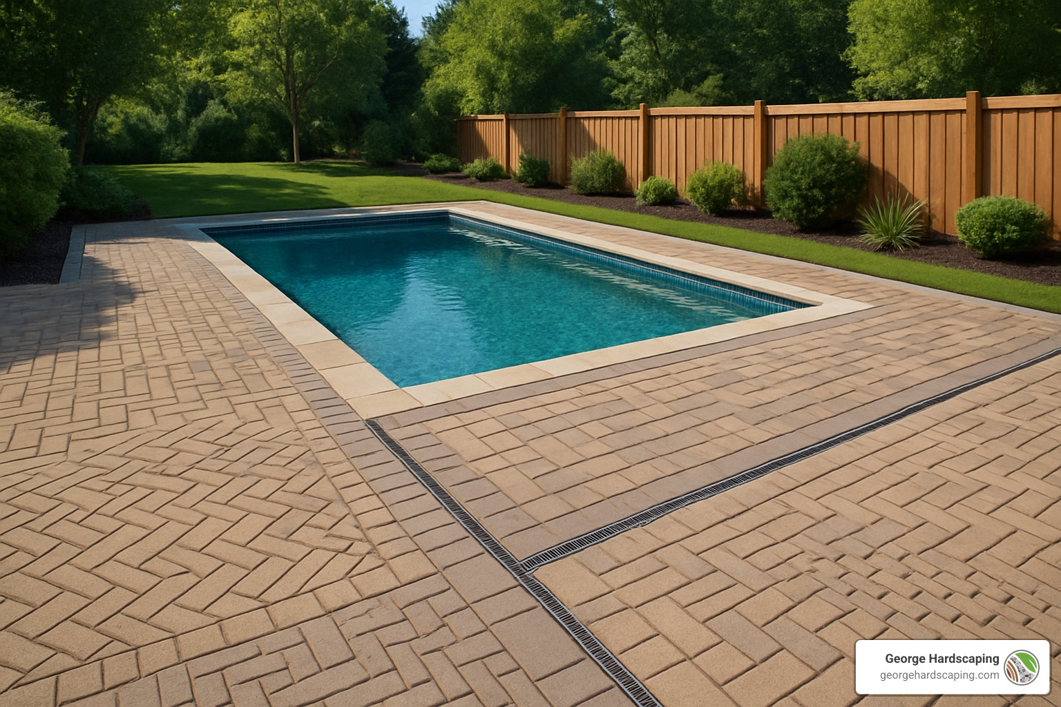 pool deck design mockup showing various paver patterns and drainage solutions - pavers around swimming pool
