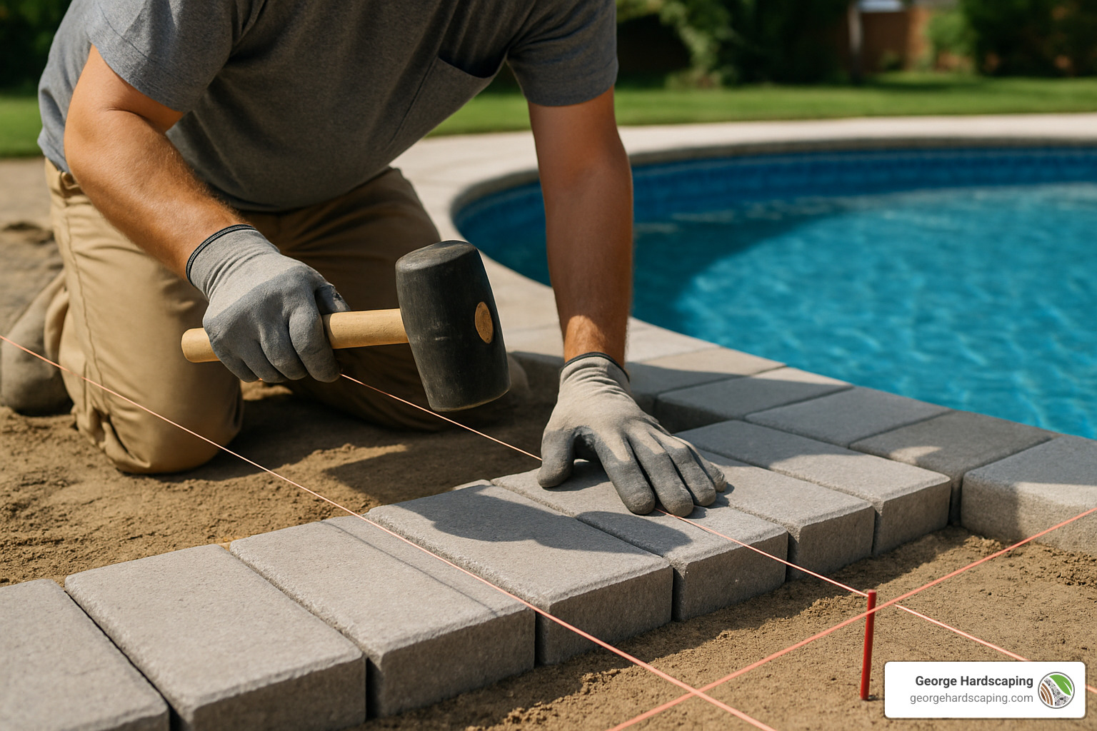 laying first course of pavers around pool edge with string lines - pavers around swimming pool