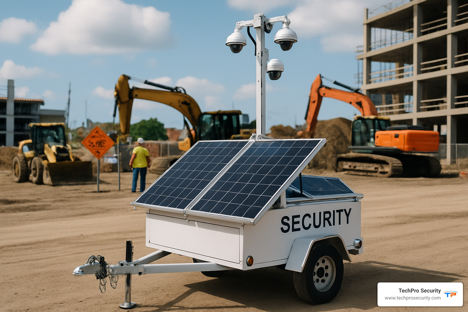 solar powered mobile surveillance trailer on construction site - construction site remote video surveillance