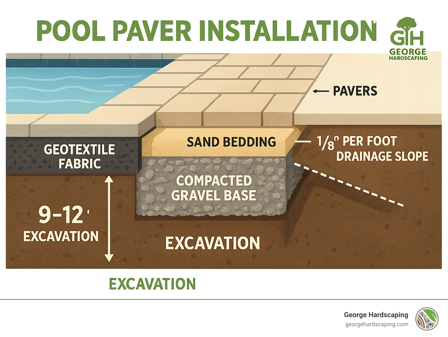 Detailed infographic showing pool paver installation layers including: excavation depth, geotextile fabric, compacted gravel base, sand bedding layer, pavers, and polymeric sand with measurements and drainage slope specifications - pavers around swimming pool infographic 