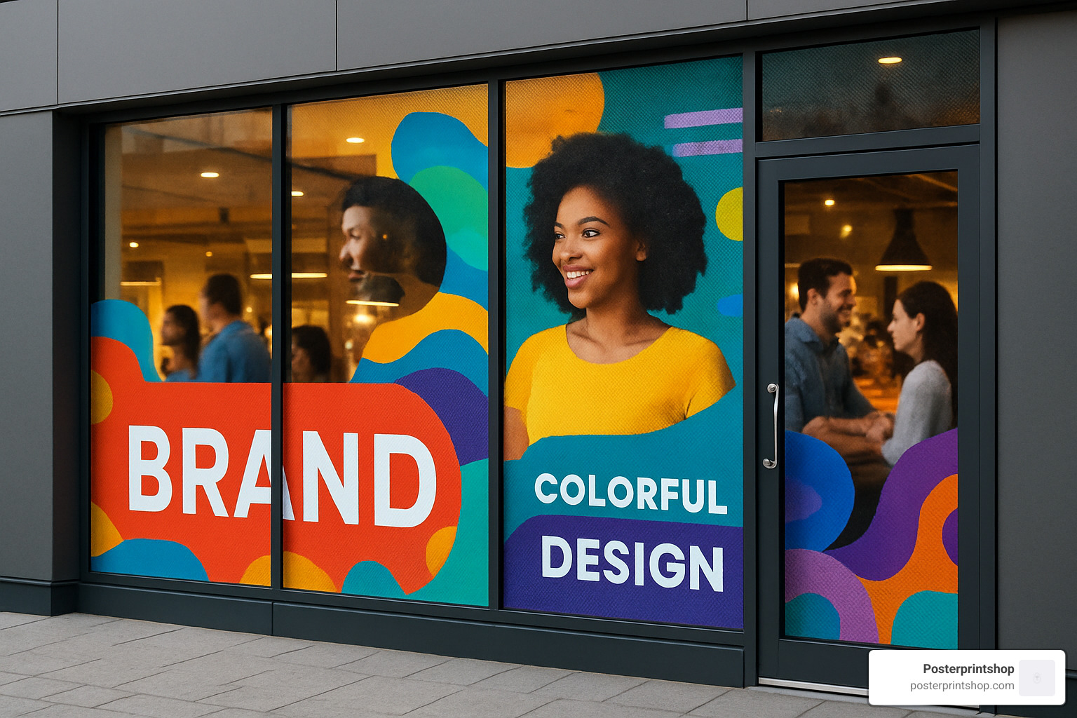 storefront with perforated window film showing vibrant graphics - perforated window film