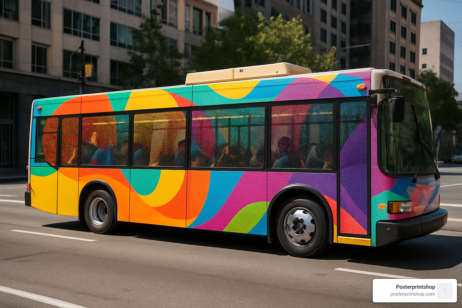 bus wrapped with perforated window film advertising - perforated window film