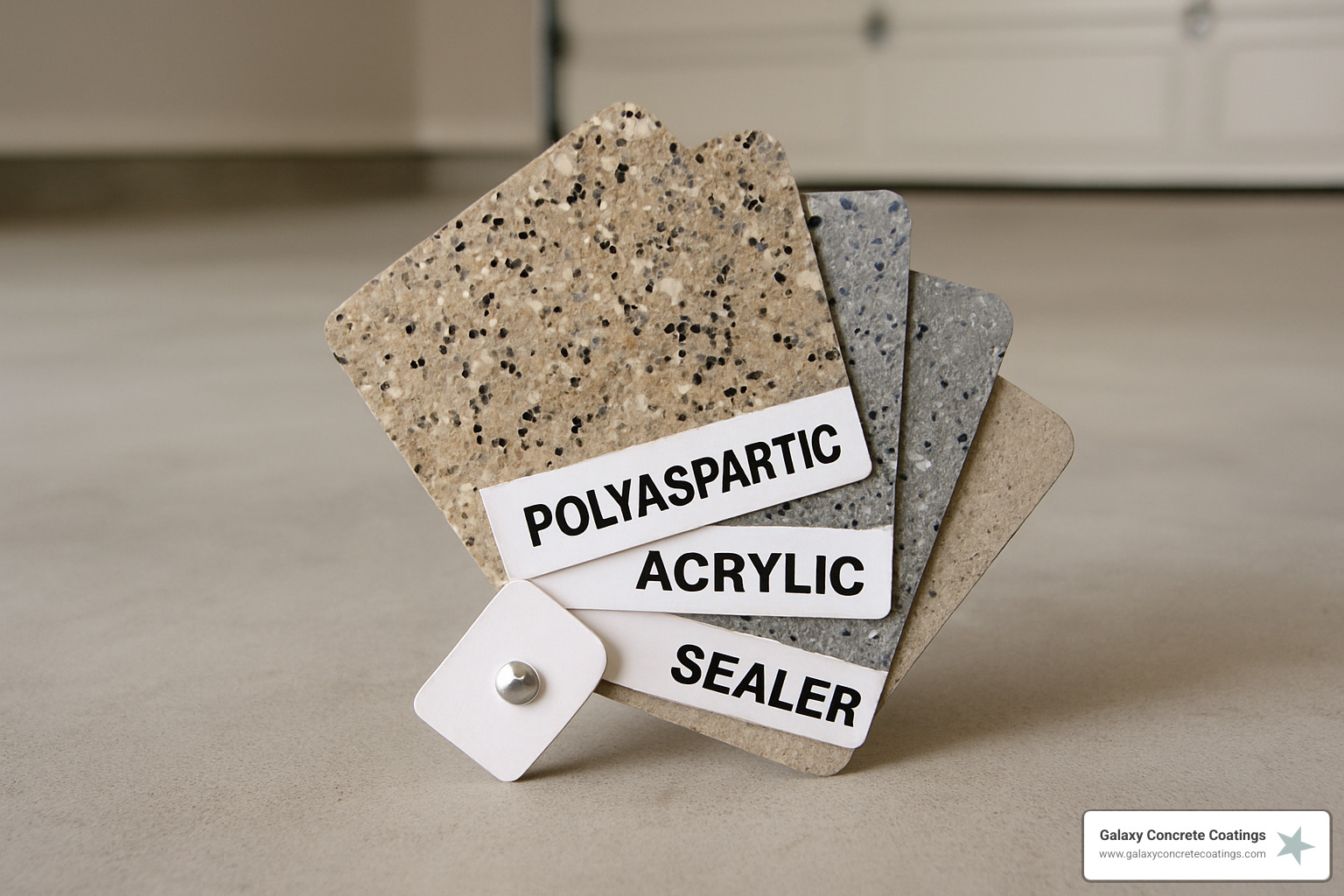 Swatch fan showing coating options: epoxy, polyaspartic, acrylic, sealer - Garage Floor Coatings Swatch fan showing coating options: epoxy, polyaspartic, acrylic, sealer - Garage Floor Coatings