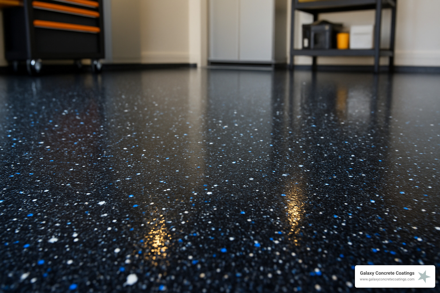 Decorative flake broadcast with polyaspartic coating for a galaxy look - Garage Floor Coatings Decorative flake broadcast with polyaspartic coating for a galaxy look - Garage Floor Coatings