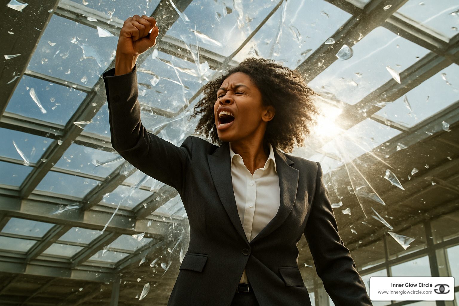 glass ceiling breaking with woman breaking through - Women empowerment training