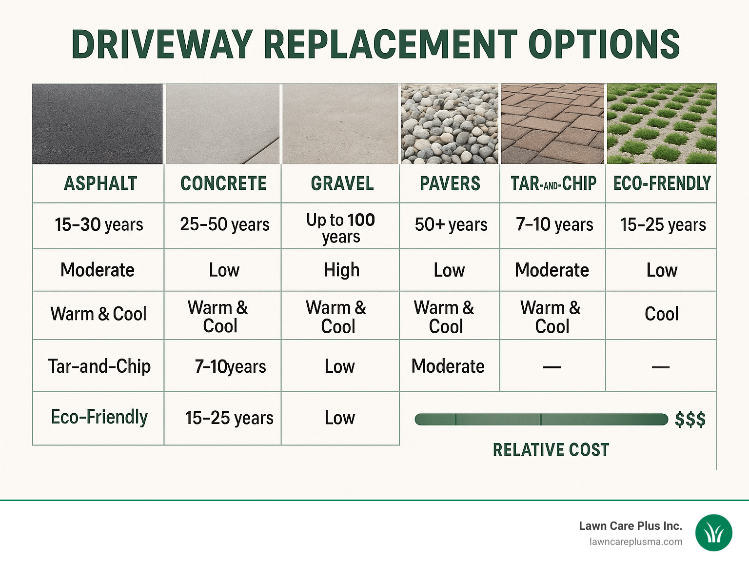 Comparison of driveway replacement options showing lifespan, maintenance requirements, and climate suitability for asphalt, concrete, gravel, pavers, tar-and-chip, and eco-friendly alternatives, with visual representations of each material type and a relative cost scale - driveway replacement options infographic 