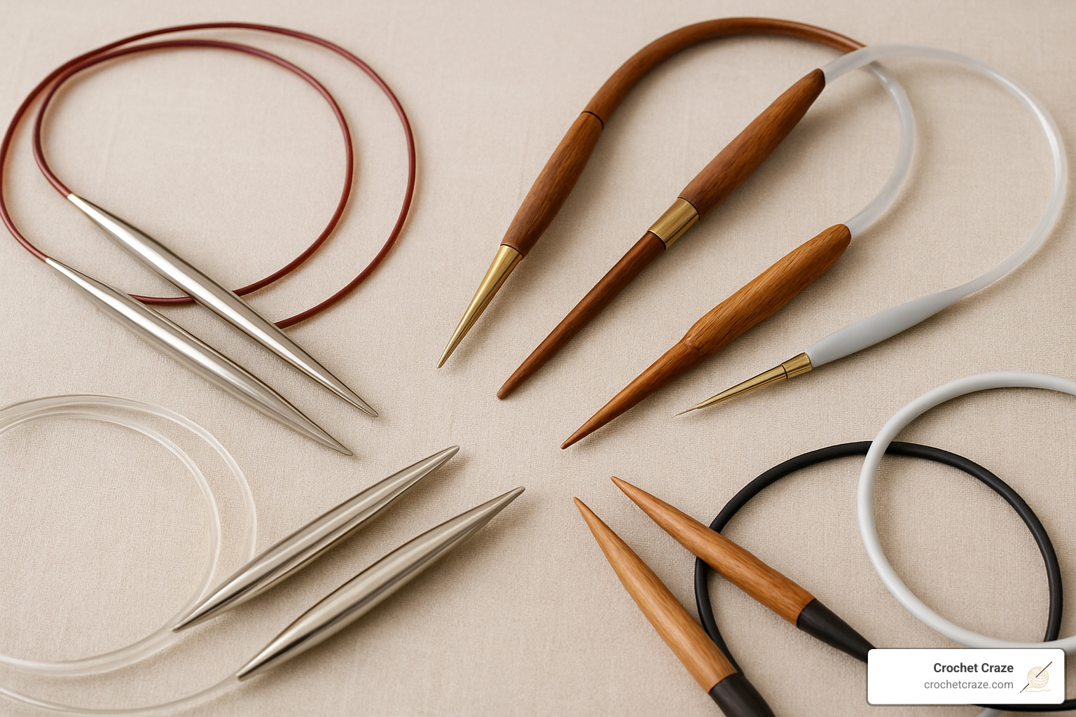 Various types of circular knitting needles with different materials and cord types - circular knitting needle