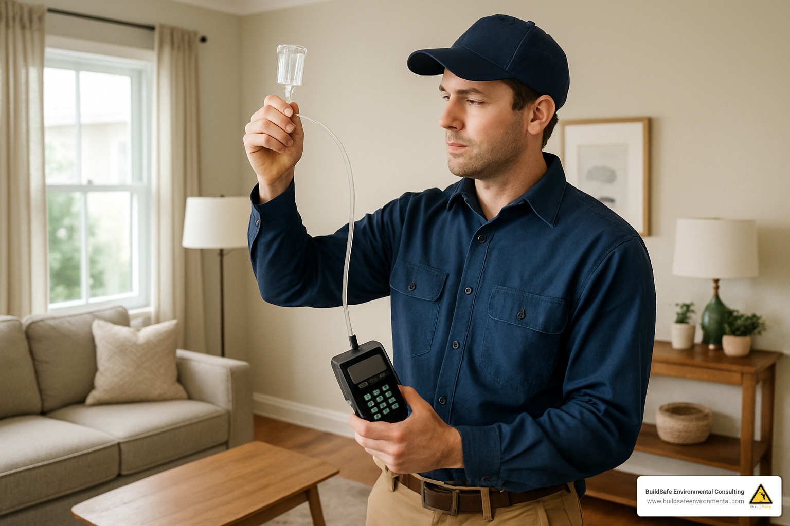 Technician collecting air samples in residential living room - residential environmental testing