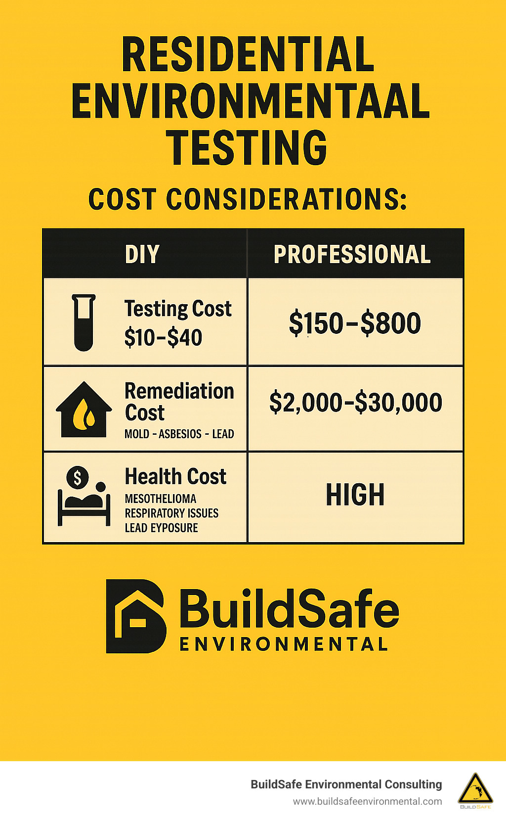 Detailed cost comparison chart showing DIY vs professional testing costs alongside potential remediation and health costs - residential environmental testing infographic