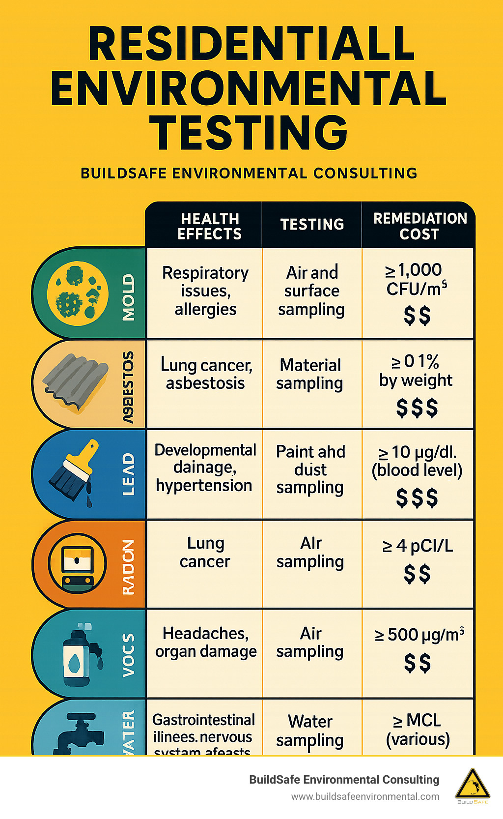 Comprehensive infographic showing common residential environmental contaminants, their health effects, testing methods, and remediation costs. Includes mold, asbestos, lead, radon, VOCs, and water contaminants with corresponding detection limits and health risk thresholds. - residential environmental testing infographic