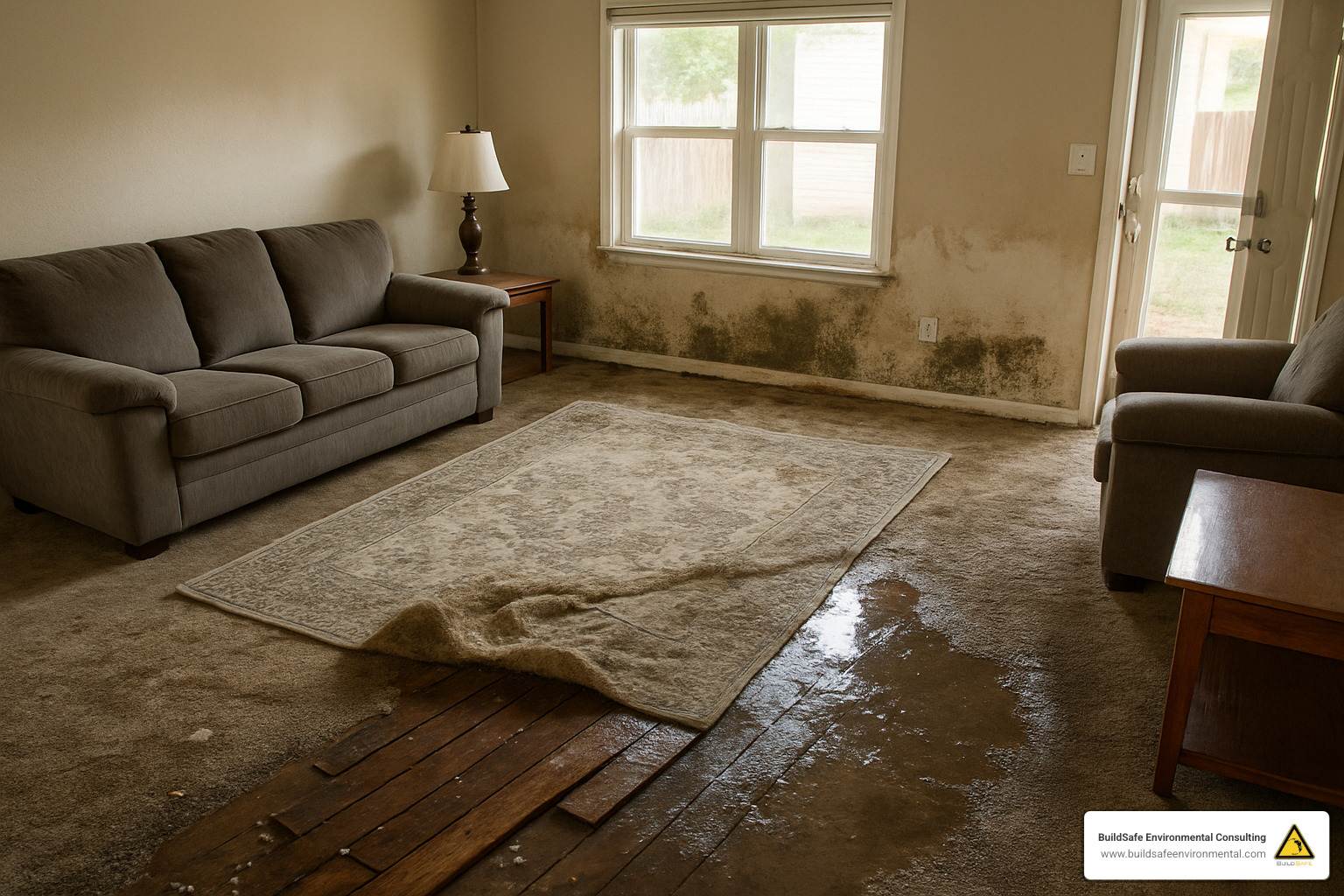 Living room with water damage from flooding - residential environmental testing