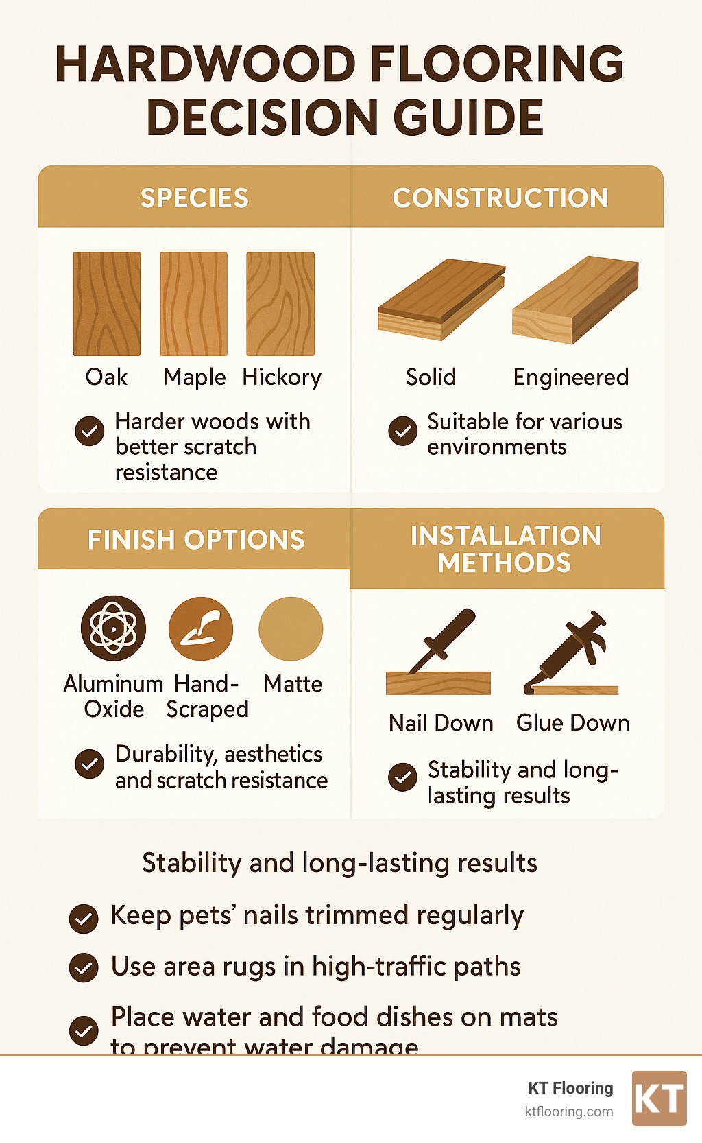 Hardwood flooring decision guide showing species, construction type, finish options, and installation methods with their benefits - hardwood floor installation nashua nh infographic 