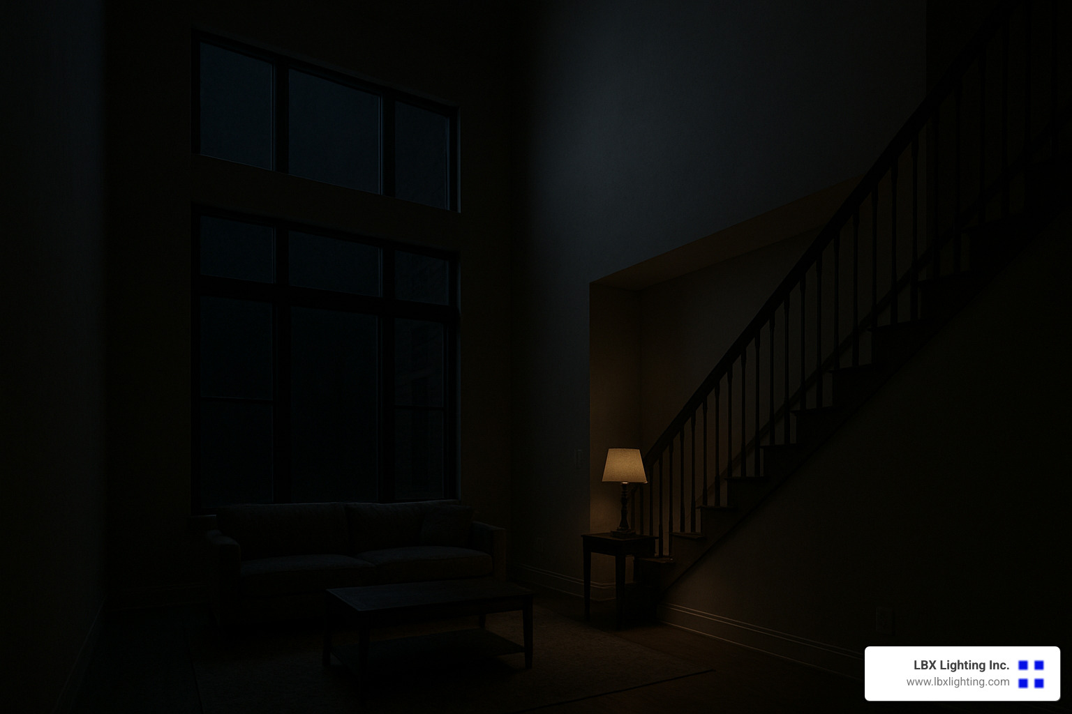 under-lit double-height living room with shadows - what is the best lighting for high ceilings