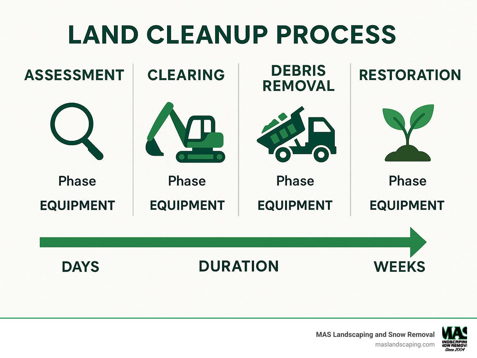 Land cleanup process workflow showing assessment, clearing, debris removal, and restoration phases with equipment and timeline requirements - land cleanup services infographic 