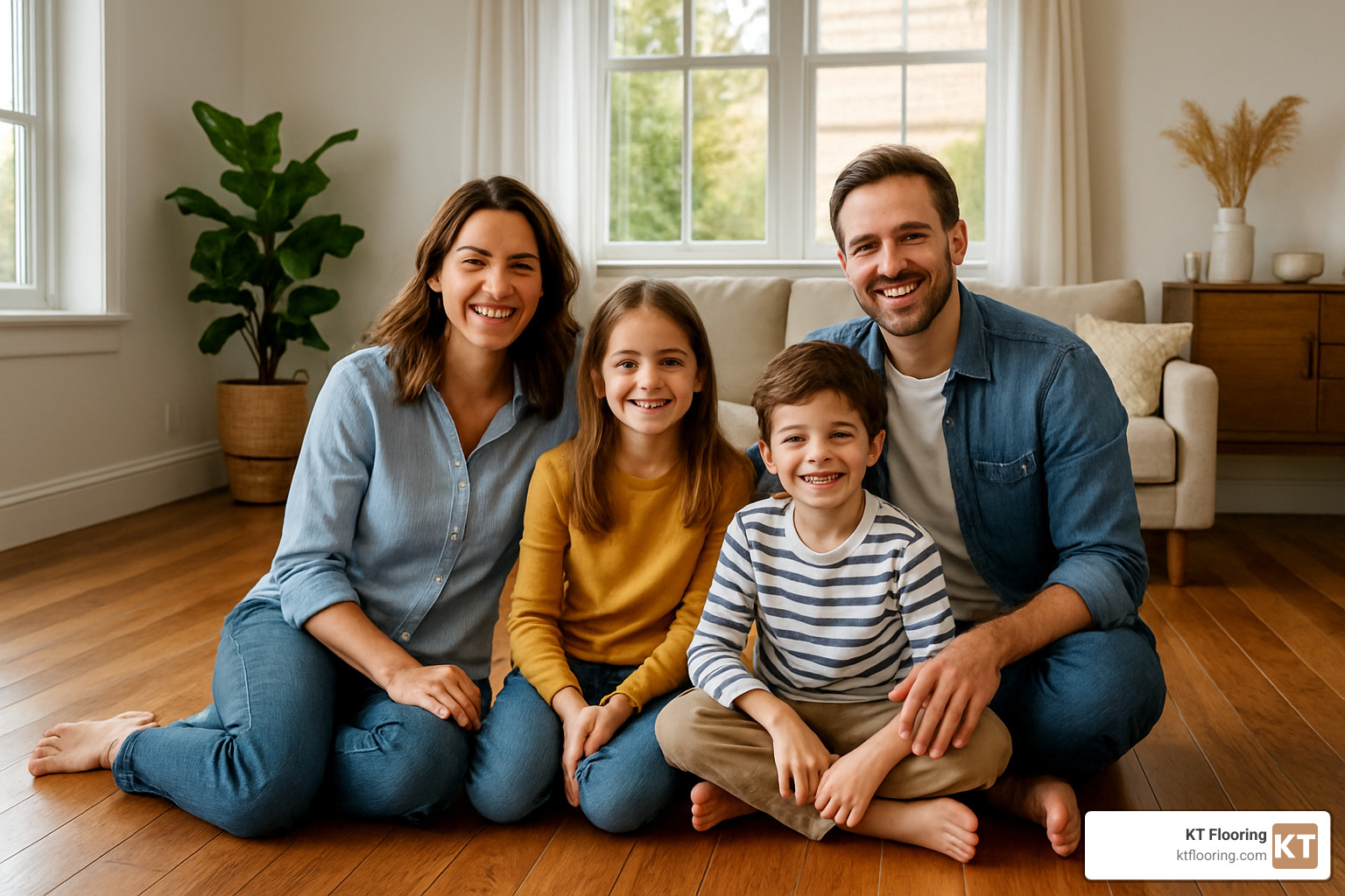 family enjoying their new hardwood floors in a Nashua living room - hardwood floor installation nashua nh