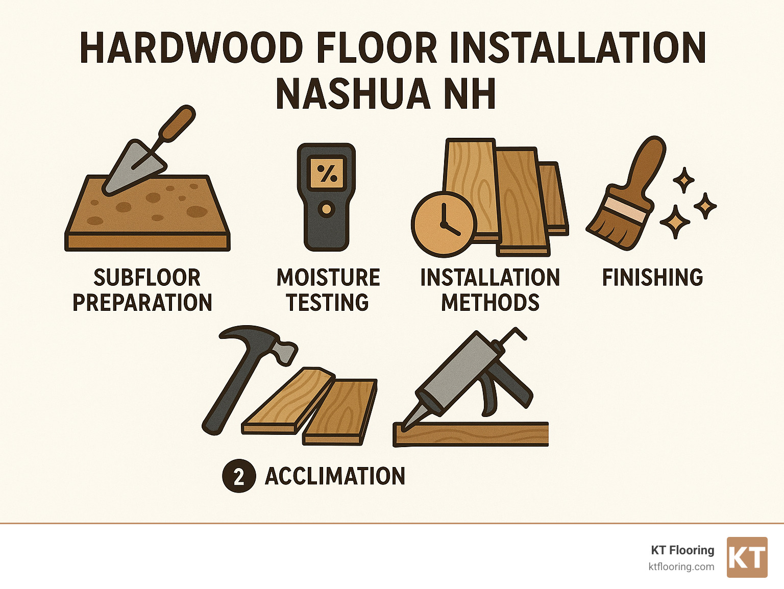 Hardwood floor installation process showing subfloor preparation, moisture testing, acclimation, installation methods, and finishing steps for Nashua NH homes - hardwood floor installation nashua nh infographic 
