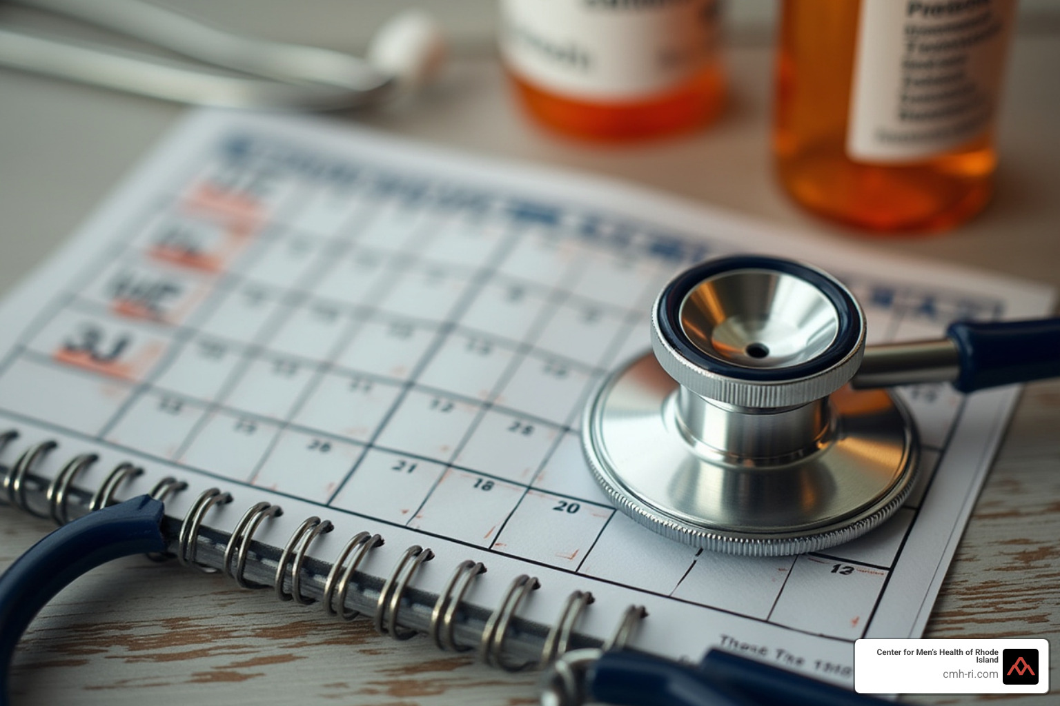 Calendar showing monitoring schedule for testosterone replacement therapy - male hypogonadism