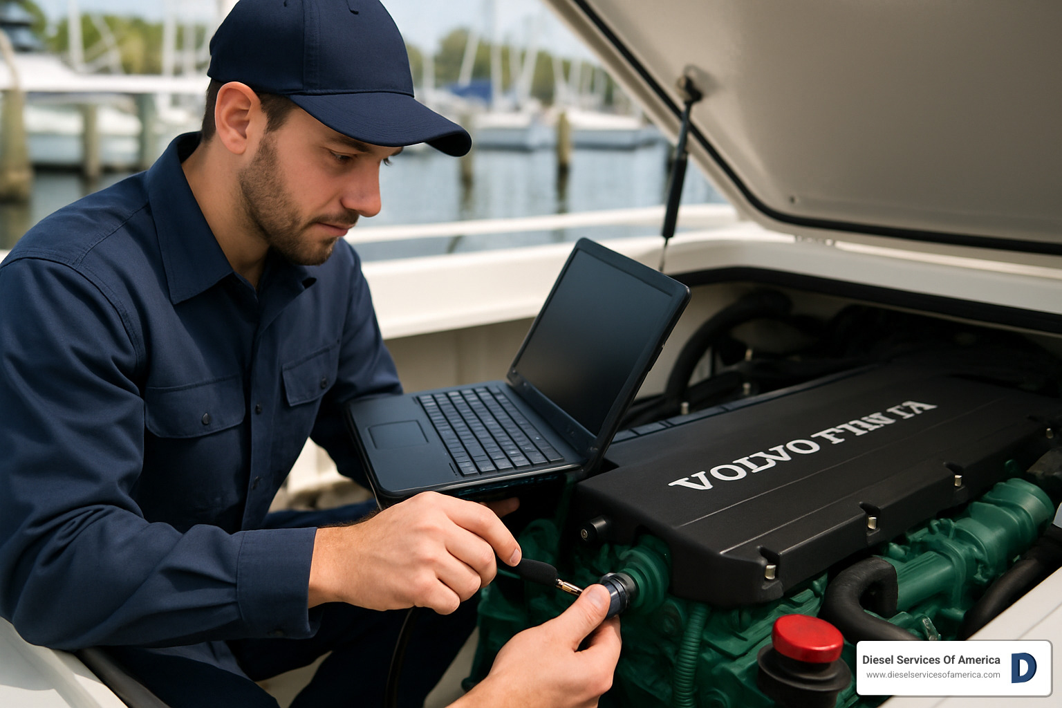 technician connecting diagnostic cable to Volvo Penta engine - Volvo Penta engine diagnostics