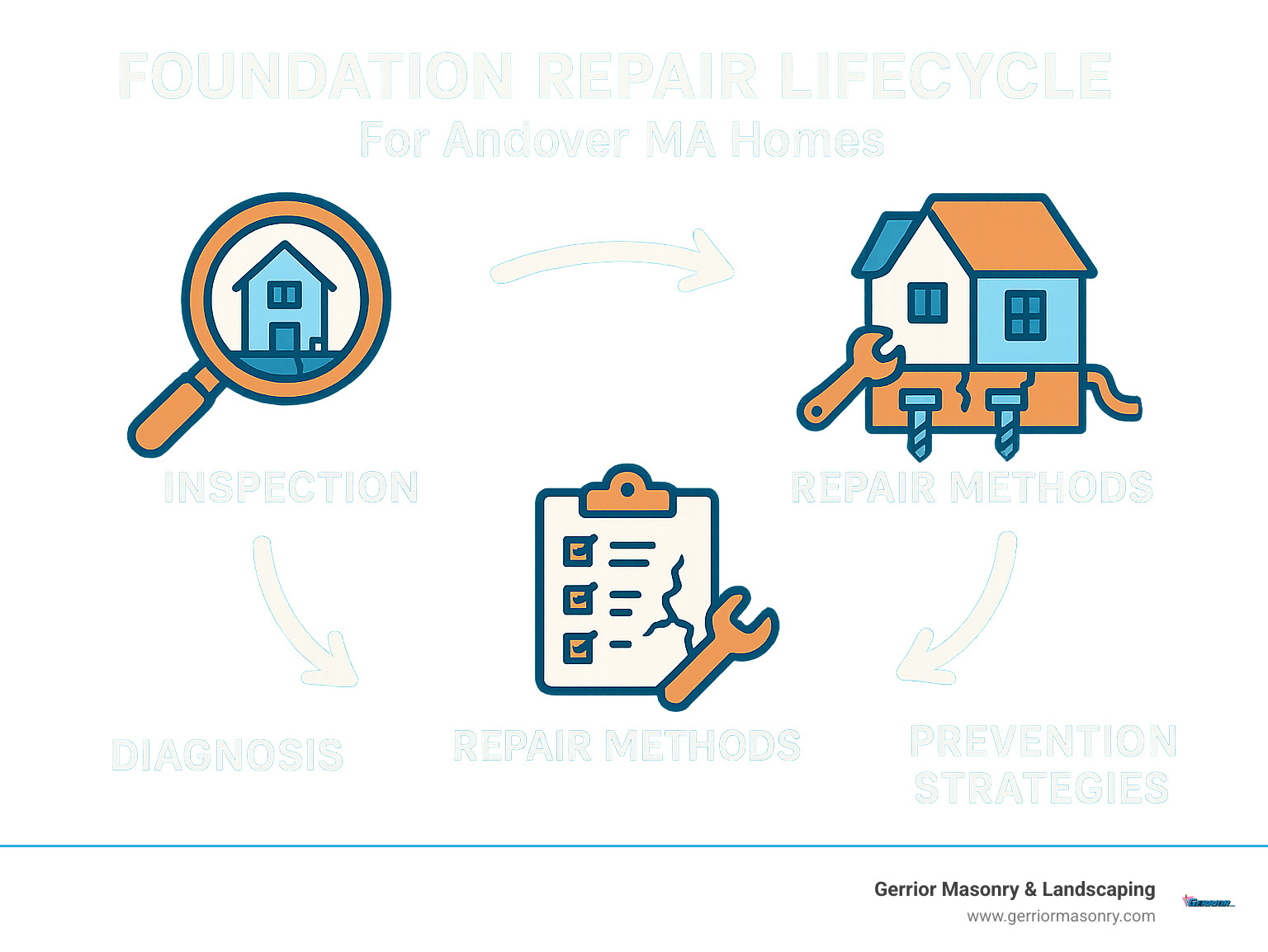 Foundation repair lifecycle showing inspection, diagnosis, repair methods, and prevention strategies for Andover MA homes - Foundation repair Andover MA infographic 