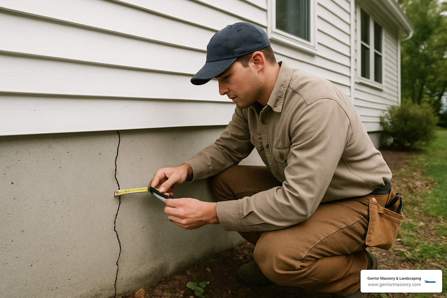 Contractor measuring foundation crack width - Foundation repair Andover MA