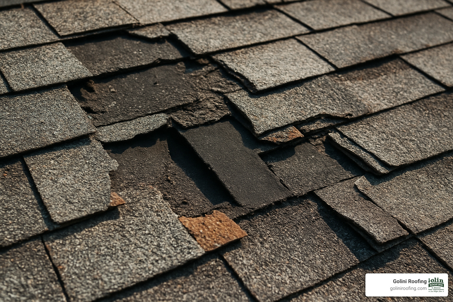 close-up of missing and damaged shingles - roof repair contractor