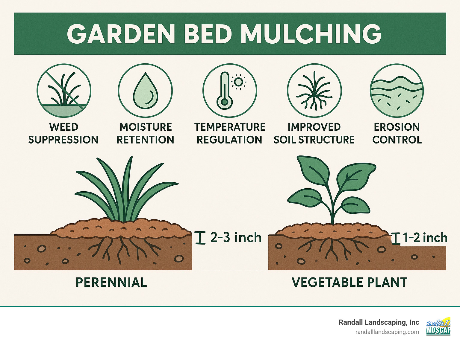 Diagram showing the benefits of garden bed mulching including weed suppression, moisture retention, temperature regulation, improved soil structure, and erosion control, with cross-section views of proper mulching depths for different plant types - Garden bed mulching infographic 