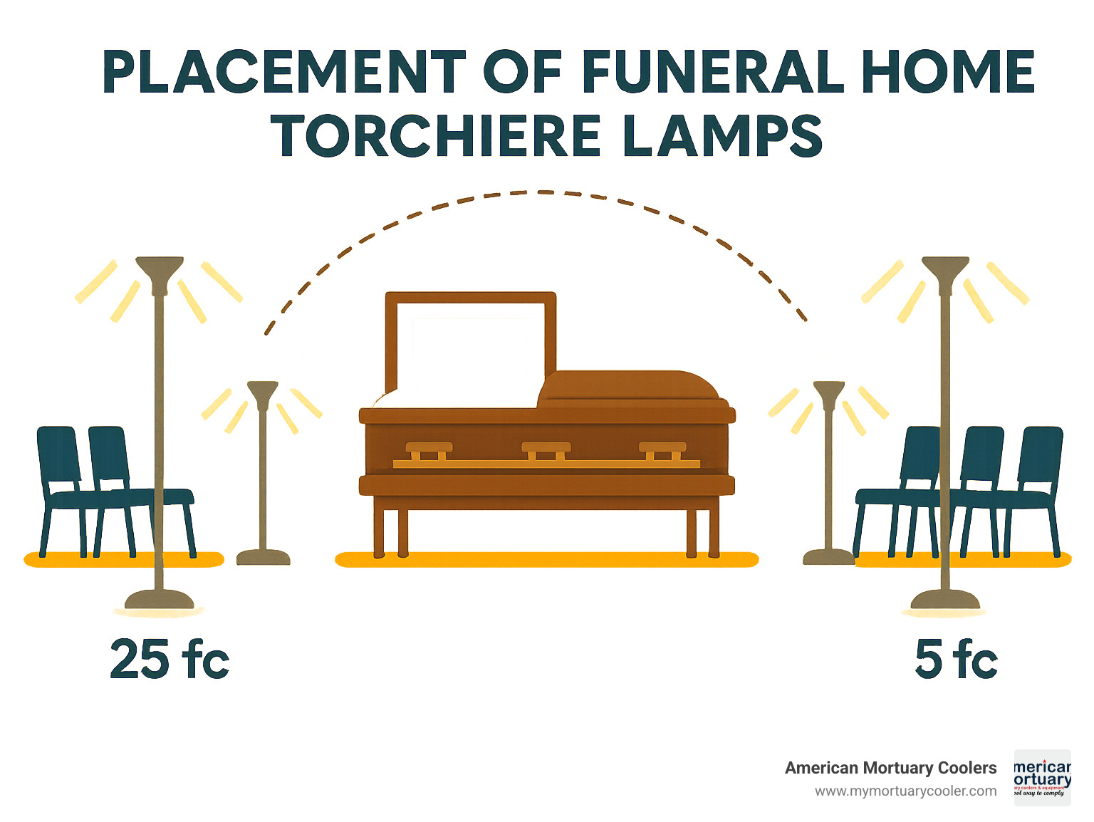 Diagram showing optimal placement of funeral home torchiere lamps around casket and seating areas, with light direction and intensity measurements - funeral home torchiere lamps infographic 