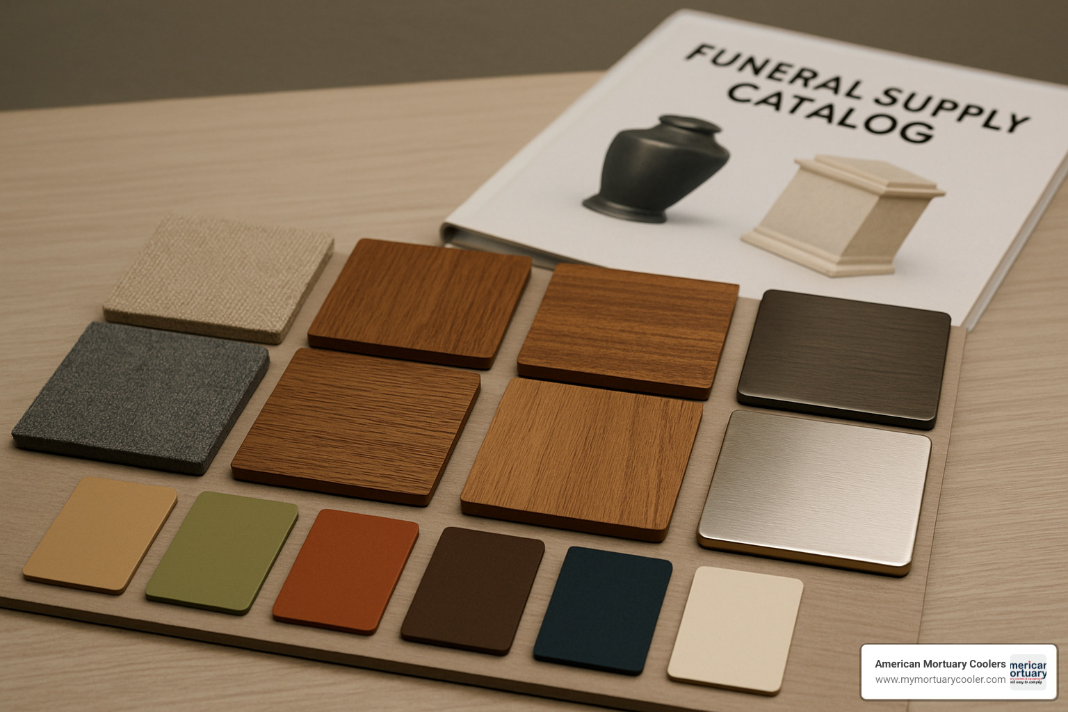 Color and material sample swatches from a funeral supply catalog - funeral home torchiere lamps