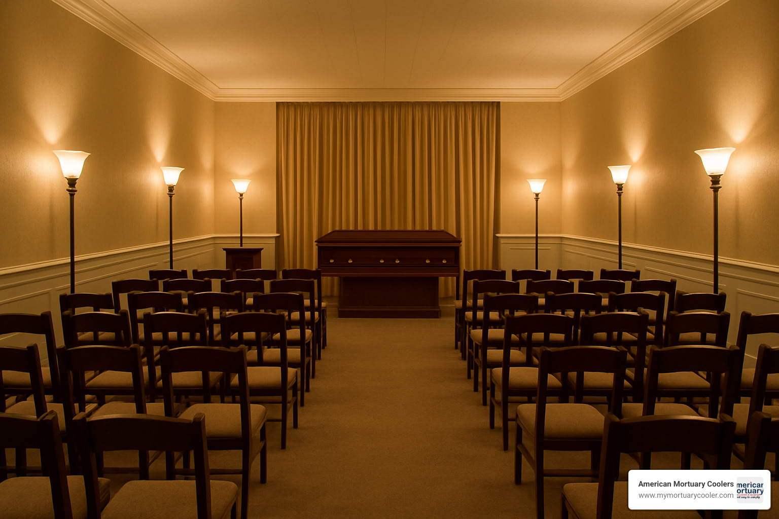 Traditional funeral home chapel with perfectly arranged torchiere lamps creating a dignified atmosphere - funeral home torchiere lamps